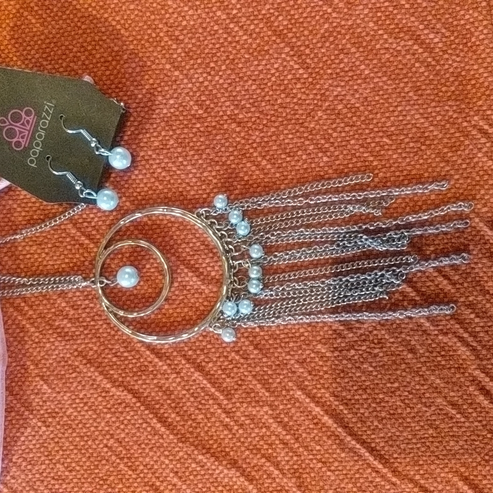 NWT Long Gold Tone and Pearl Necklace and earrings set.